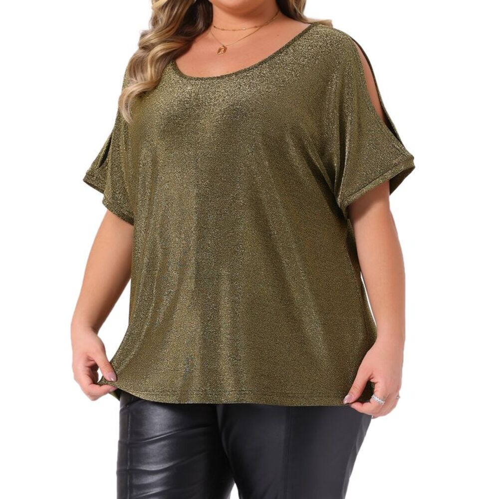 Plus Size Cold Shoulder Short Sleeve Glitter Party Night Blouse Gold - Picture 2 of 7